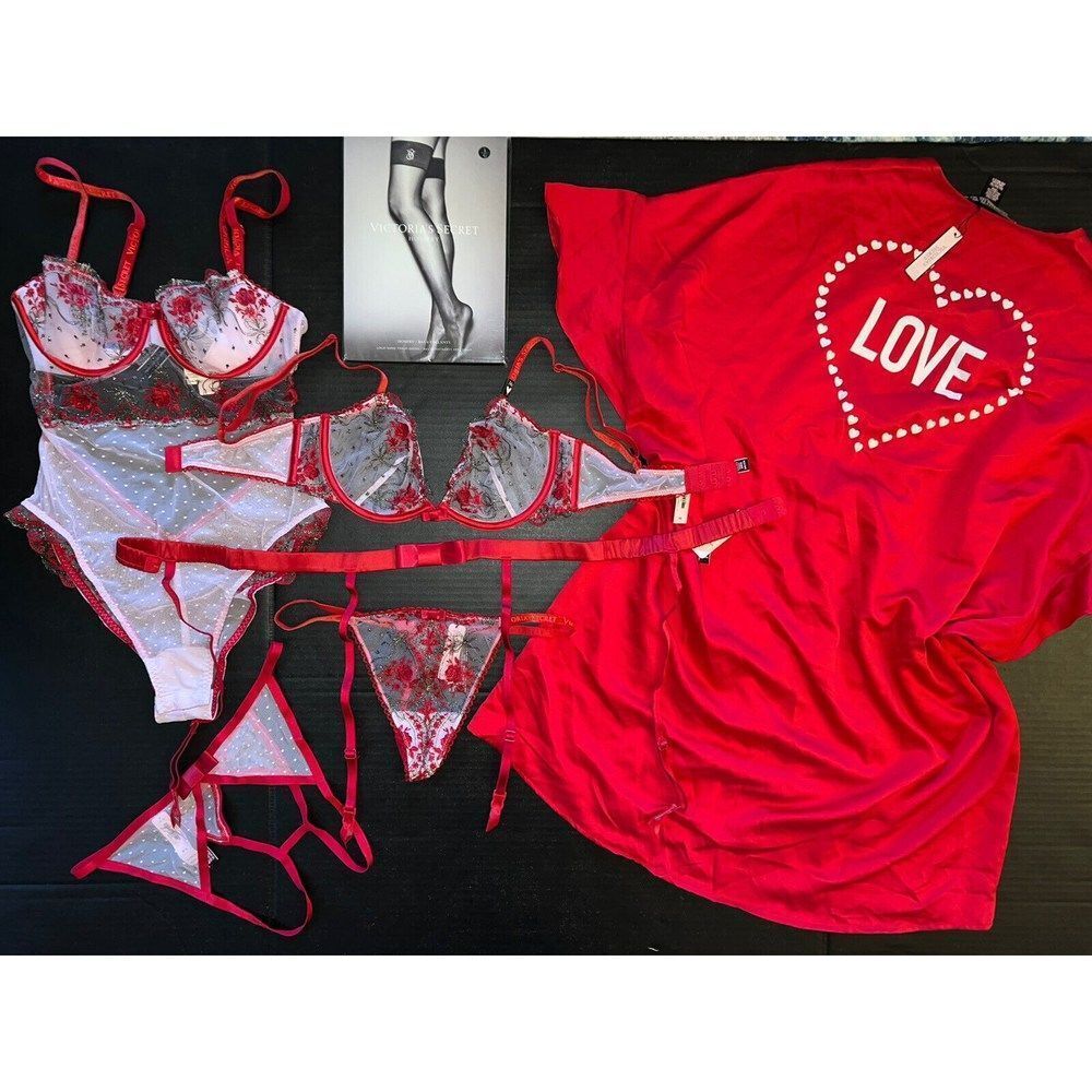 Victoria's Secret unlined 34C BRA SET+garter+TEDDY+ROBE RED lilac pink Embroider